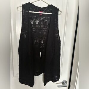 Rock & Roll Denim Elegant Black Crochet, Sleeveless Cardigan slit on back